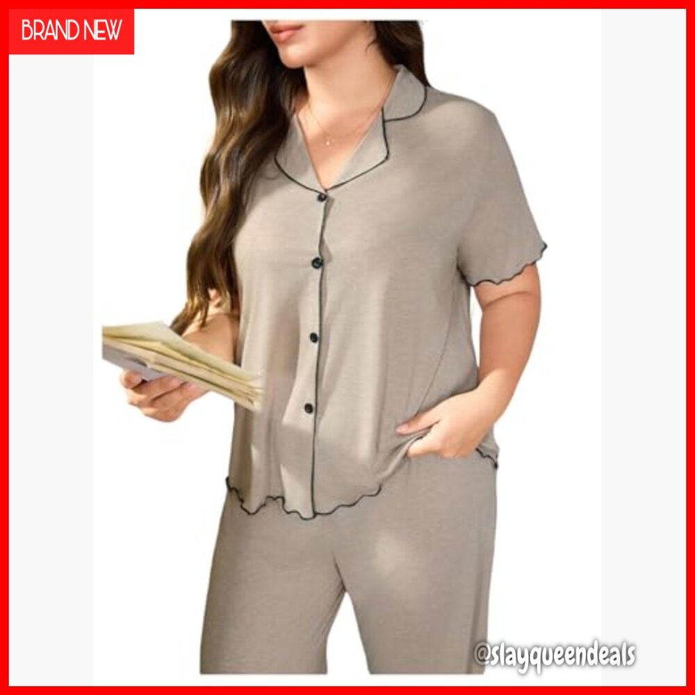 Plus Size Short Sleeve Button Up Pajama Set 2 Piece Sleepwear Lounge - Picture 3 of 5